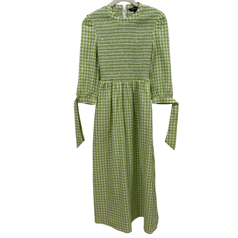 Whistles Lime Green Gingham Smocked Seersucker Midi Dress US‎ 0 Tie Cuff SS22